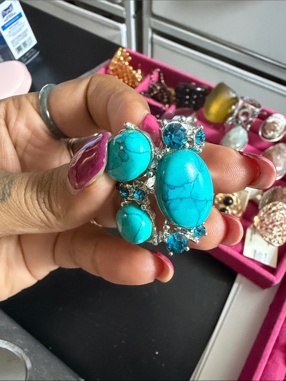 Turquoise Stone Cluster Statement Ring - Blue Accent
